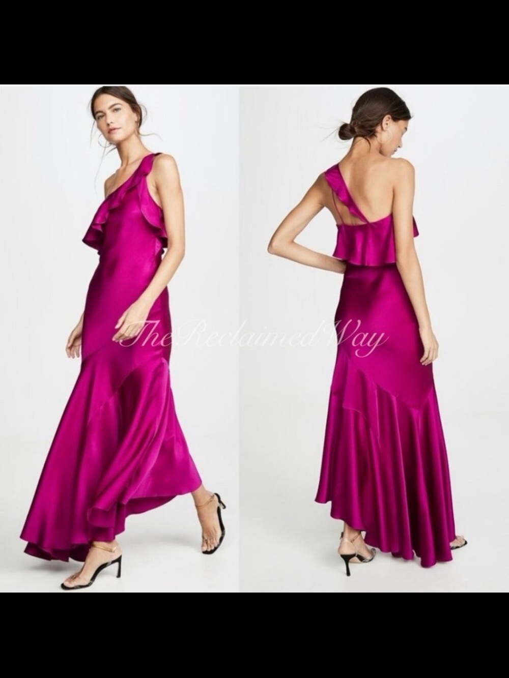 Magenta One-Shoulder Ruffle Satin Maxi Dress Galvan of London 4 Small  NWT MIDI